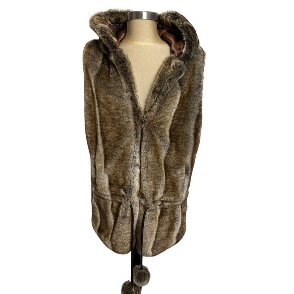 C.C. Exclusives Brown Faux Fur Hooded Longline Vest Coat Mob Wife Size S/M